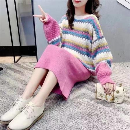 FA45394# 秋冬季轻熟风针织职业套装裙子新款女气质洋气显瘦毛衣两件 服裝批發女裝批發服飾貨源