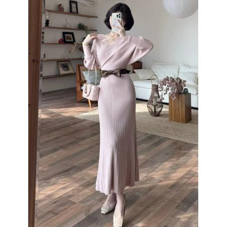 FA45395# 加厚毛衣蕾英俊心动情书-秋季韩系性感辣妹名媛气质V领针织连衣裙 服裝批發女裝批發服飾貨源