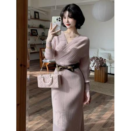 FA45395# 加厚毛衣蕾英俊心动情书-秋季韩系性感辣妹名媛气质V领针织连衣裙 服裝批發女裝批發服飾貨源