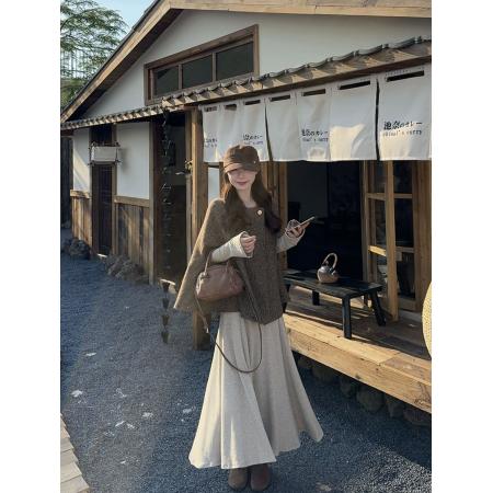 FA45396# 斗篷披肩外搭小香风外套长袖打底连衣裙套装 服裝批發女裝批發服飾貨源