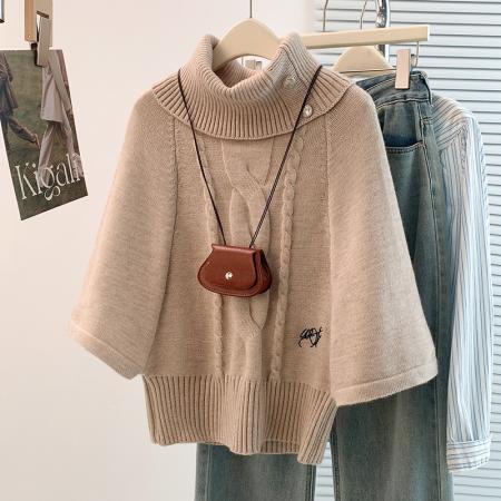 FA45398# 秋冬新款胖mm高级感洋气减龄高领麻花针织套头斗篷打底衫 服裝批發女裝批發服飾貨源