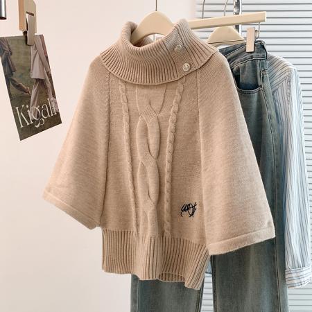 FA45398# 秋冬新款胖mm高级感洋气减龄高领麻花针织套头斗篷打底衫 服裝批發女裝批發服飾貨源