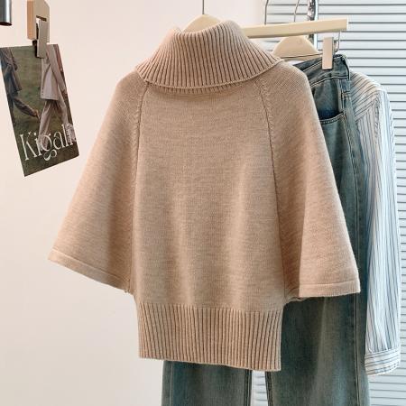 FA45398# 秋冬新款胖mm高级感洋气减龄高领麻花针织套头斗篷打底衫 服裝批發女裝批發服飾貨源