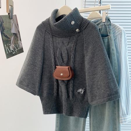 FA45398# 秋冬新款胖mm高级感洋气减龄高领麻花针织套头斗篷打底衫 服裝批發女裝批發服飾貨源