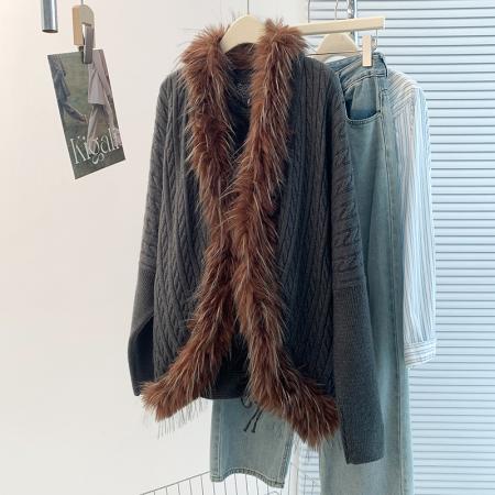 FA45399# 秋秋冬新款慵懒风毛领针织外套百搭复古宽松显瘦气质开衫毛衣 服裝批發女裝批發服飾貨源