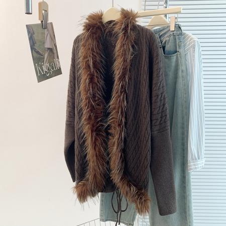 FA45399# 秋秋冬新款慵懒风毛领针织外套百搭复古宽松显瘦气质开衫毛衣 服裝批發女裝批發服飾貨源