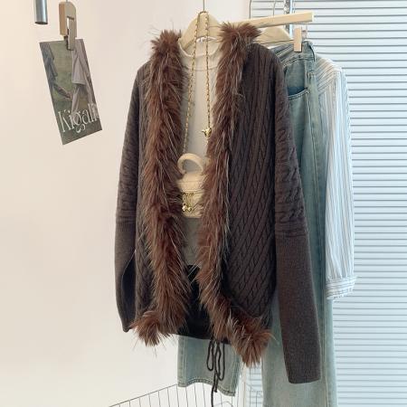 FA45399# 秋秋冬新款慵懒风毛领针织外套百搭复古宽松显瘦气质开衫毛衣 服裝批發女裝批發服飾貨源