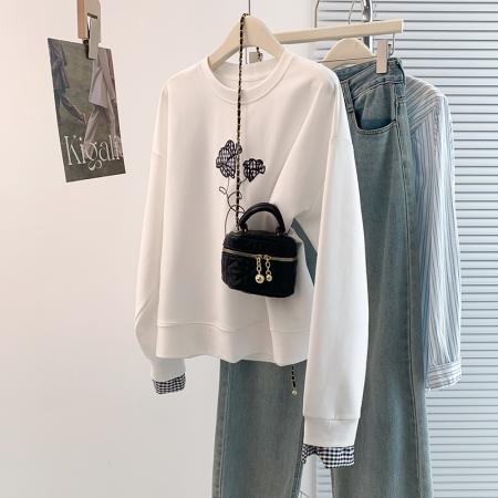 FA45400# 秋冬新设计感洋气减龄休闲百搭刺绣假两件长袖卫衣T恤打底衫 服裝批發女裝批發服飾貨源