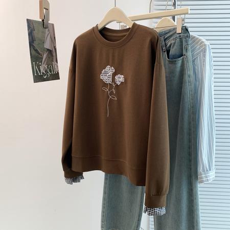 FA45400# 秋冬新设计感洋气减龄休闲百搭刺绣假两件长袖卫衣T恤打底衫 服裝批發女裝批發服飾貨源