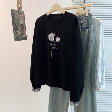 FA45400# 秋冬新设计感洋气减龄休闲百搭刺绣假两件长袖卫衣T恤打底衫 服裝批發女裝批發服飾貨源