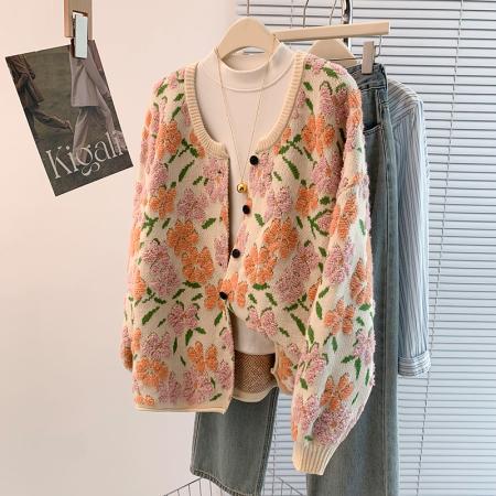 FA45402# 秋冬新款洋气减龄宽松休闲百搭圆领开衫毛巾绣提花毛衣外套 服裝批發女裝批發服飾貨源