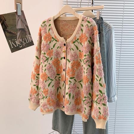 FA45402# 秋冬新款洋气减龄宽松休闲百搭圆领开衫毛巾绣提花毛衣外套 服裝批發女裝批發服飾貨源