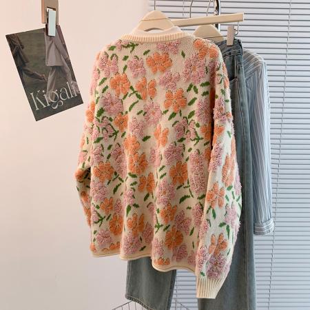 FA45402# 秋冬新款洋气减龄宽松休闲百搭圆领开衫毛巾绣提花毛衣外套 服裝批發女裝批發服飾貨源