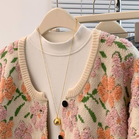 FA45402# 秋冬新款洋气减龄宽松休闲百搭圆领开衫毛巾绣提花毛衣外套 服裝批發女裝批發服飾貨源