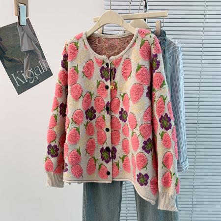 FA45403# 秋冬新款圆领开衫加厚毛巾绣百搭休闲减龄提花长袖毛衣外套 服裝批發女裝批發服飾貨源