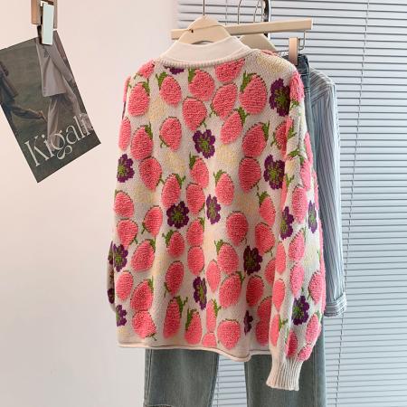 FA45403# 秋冬新款圆领开衫加厚毛巾绣百搭休闲减龄提花长袖毛衣外套 服裝批發女裝批發服飾貨源