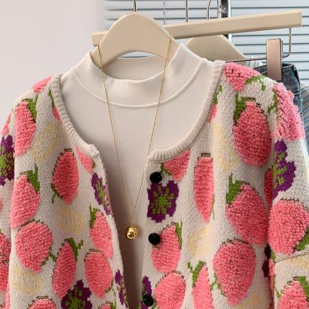 FA45403# 秋冬新款圆领开衫加厚毛巾绣百搭休闲减龄提花长袖毛衣外套 服裝批發女裝批發服飾貨源