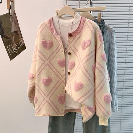 FA45404# 秋冬新款洋气减龄爱心毛巾绣宽松休闲大码长袖提花毛衣外套 服裝批發女裝批發服飾貨源