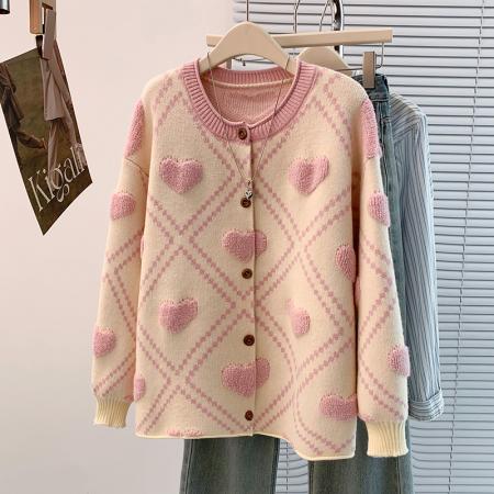 FA45404# 秋冬新款洋气减龄爱心毛巾绣宽松休闲大码长袖提花毛衣外套 服裝批發女裝批發服飾貨源