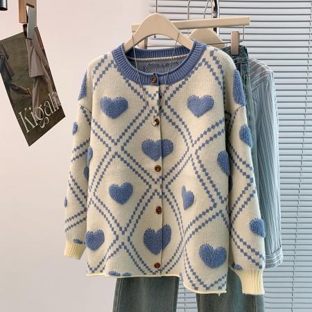 FA45404# 秋冬新款洋气减龄爱心毛巾绣宽松休闲大码长袖提花毛衣外套 服裝批發女裝批發服飾貨源