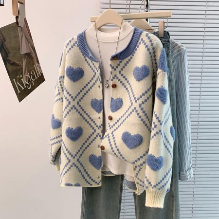 FA45404# 秋冬新款洋气减龄爱心毛巾绣宽松休闲大码长袖提花毛衣外套 服裝批發女裝批發服飾貨源
