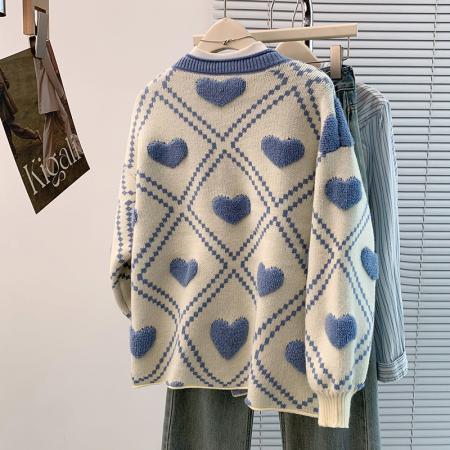 FA45404# 秋冬新款洋气减龄爱心毛巾绣宽松休闲大码长袖提花毛衣外套 服裝批發女裝批發服飾貨源