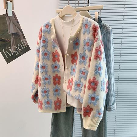 FA45405# 秋冬新款洋气减龄百搭开衫毛巾绣提花钉珠长袖毛衣外套针织衫 服裝批發女裝批發服飾貨源