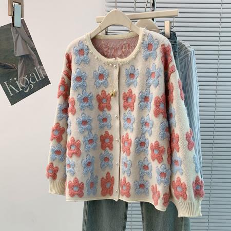 FA45405# 秋冬新款洋气减龄百搭开衫毛巾绣提花钉珠长袖毛衣外套针织衫 服裝批發女裝批發服飾貨源