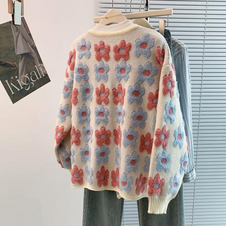 FA45405# 秋冬新款洋气减龄百搭开衫毛巾绣提花钉珠长袖毛衣外套针织衫 服裝批發女裝批發服飾貨源