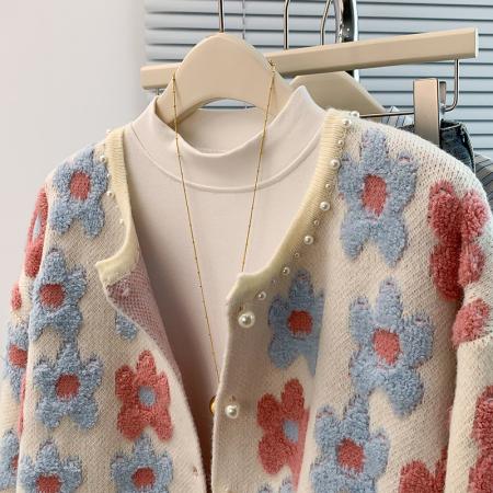 FA45405# 秋冬新款洋气减龄百搭开衫毛巾绣提花钉珠长袖毛衣外套针织衫 服裝批發女裝批發服飾貨源