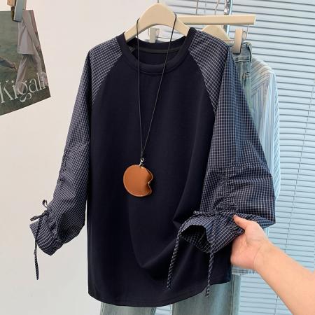 FA45406# 秋冬新款洋气减龄格子拼接抽绳插肩袖休闲百搭套头T恤卫衣 服裝批發女裝批發服飾貨源