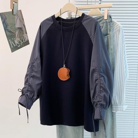 FA45406# 秋冬新款洋气减龄格子拼接抽绳插肩袖休闲百搭套头T恤卫衣 服裝批發女裝批發服飾貨源
