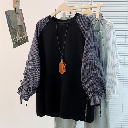 FA45406# 秋冬新款洋气减龄格子拼接抽绳插肩袖休闲百搭套头T恤卫衣 服裝批發女裝批發服飾貨源