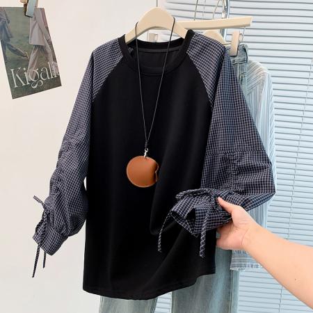 FA45406# 秋冬新款洋气减龄格子拼接抽绳插肩袖休闲百搭套头T恤卫衣 服裝批發女裝批發服飾貨源