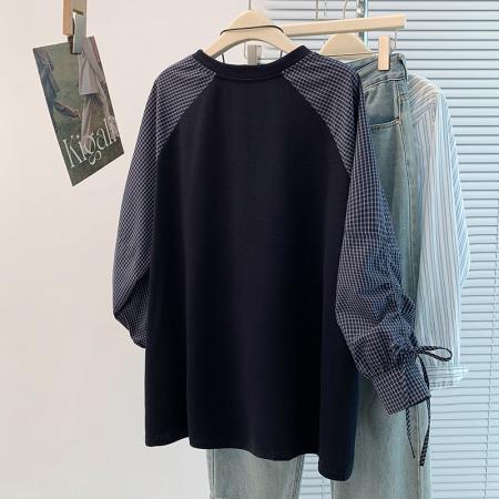 FA45406# 秋冬新款洋气减龄格子拼接抽绳插肩袖休闲百搭套头T恤卫衣 服裝批發女裝批發服飾貨源