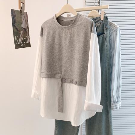 FA45407# 秋冬新款胖mm设计感百搭假两件减龄拼接大码T恤上衣 服裝批發女裝批發服飾貨源