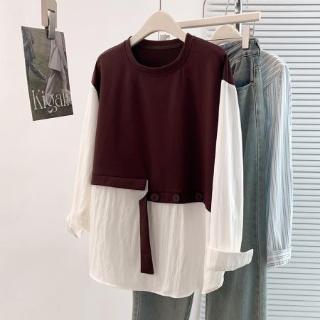 FA45407# 秋冬新款胖mm设计感百搭假两件减龄拼接大码T恤上衣 服裝批發女裝批發服飾貨源