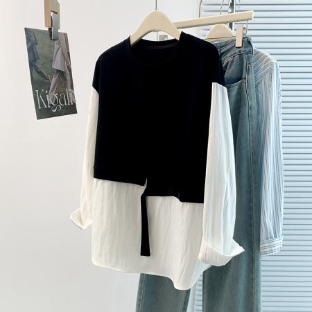 FA45407# 秋冬新款胖mm设计感百搭假两件减龄拼接大码T恤上衣 服裝批發女裝批發服飾貨源