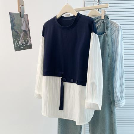 FA45407# 秋冬新款胖mm设计感百搭假两件减龄拼接大码T恤上衣 服裝批發女裝批發服飾貨源