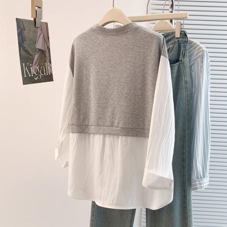 FA45407# 秋冬新款胖mm设计感百搭假两件减龄拼接大码T恤上衣 服裝批發女裝批發服飾貨源