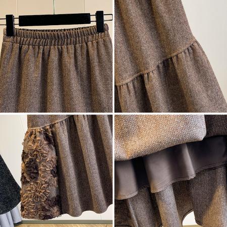 FA45408# 大码女装秋冬新款胖mm韩系复古立体花朵设计感高腰显瘦半身裙 服裝批發女裝批發服飾貨源