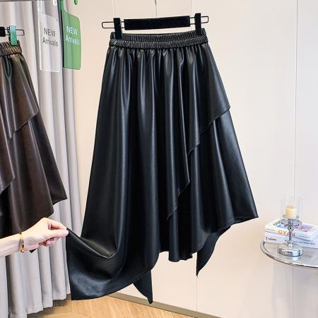 FA45409# 大码女装秋冬款胖mm气质设计感小众不规则蛋白皮松紧腰半身裙 服裝批發女裝批發服飾貨源