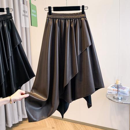 FA45409# 大码女装秋冬款胖mm气质设计感小众不规则蛋白皮松紧腰半身裙 服裝批發女裝批發服飾貨源