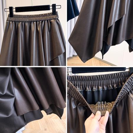 FA45409# 大码女装秋冬款胖mm气质设计感小众不规则蛋白皮松紧腰半身裙 服裝批發女裝批發服飾貨源