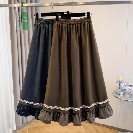 FA45410# 大码女装秋冬新款胖mm韩式木耳边拼接高腰显瘦大摆毛呢半身裙 服裝批發女裝批發服飾貨源