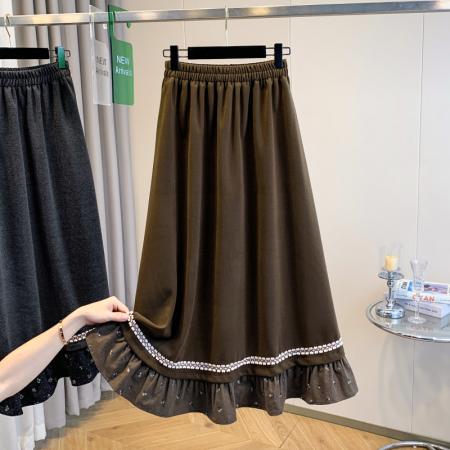 FA45410# 大码女装秋冬新款胖mm韩式木耳边拼接高腰显瘦大摆毛呢半身裙 服裝批發女裝批發服飾貨源