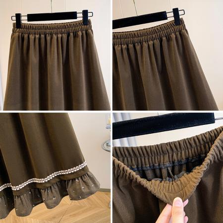 FA45410# 大码女装秋冬新款胖mm韩式木耳边拼接高腰显瘦大摆毛呢半身裙 服裝批發女裝批發服飾貨源