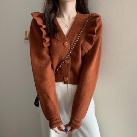 FA45413# 毛衣复古日系慵懒风短款V领针织开衫外套女秋季高腰修身减龄上衣 服裝批發女裝批發服飾貨源