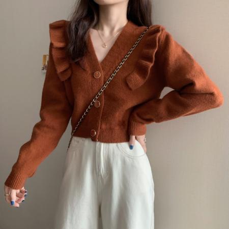 FA45413# 毛衣复古日系慵懒风短款V领针织开衫外套女秋季高腰修身减龄上衣 服裝批發女裝批發服飾貨源
