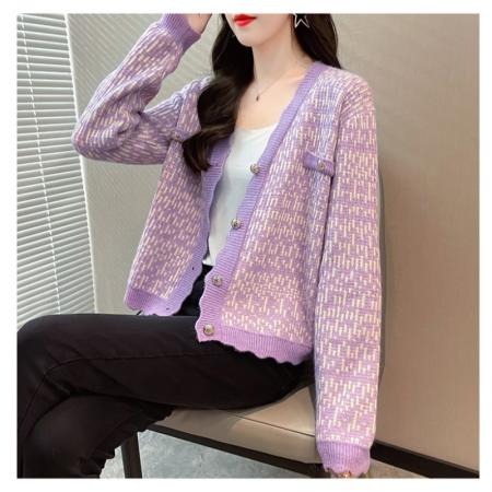 FA45414# 秋装新款韩版宽松格子开衫女长袖V领小香风针织衫外套毛衣女 服裝批發女裝批發服飾貨源